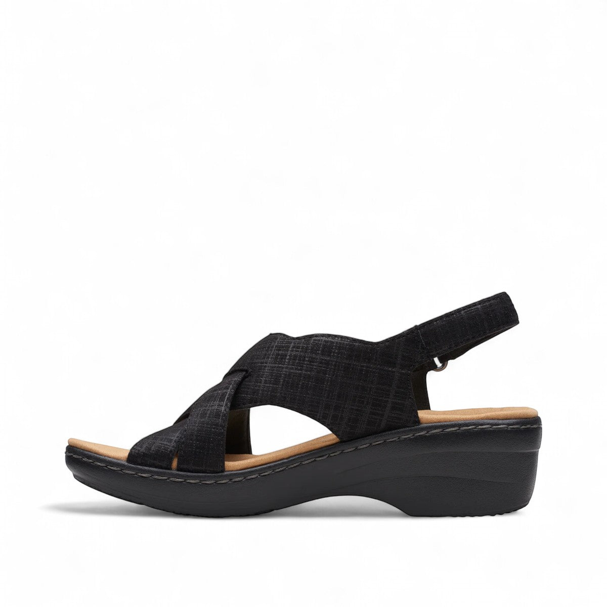 Clarks Merliah Echo black leather wedge sandal with cushioned footbed and riptape closure. left view.