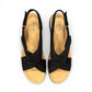 Clarks Merliah Echo black leather wedge sandal with cushioned footbed and riptape closure. top view.