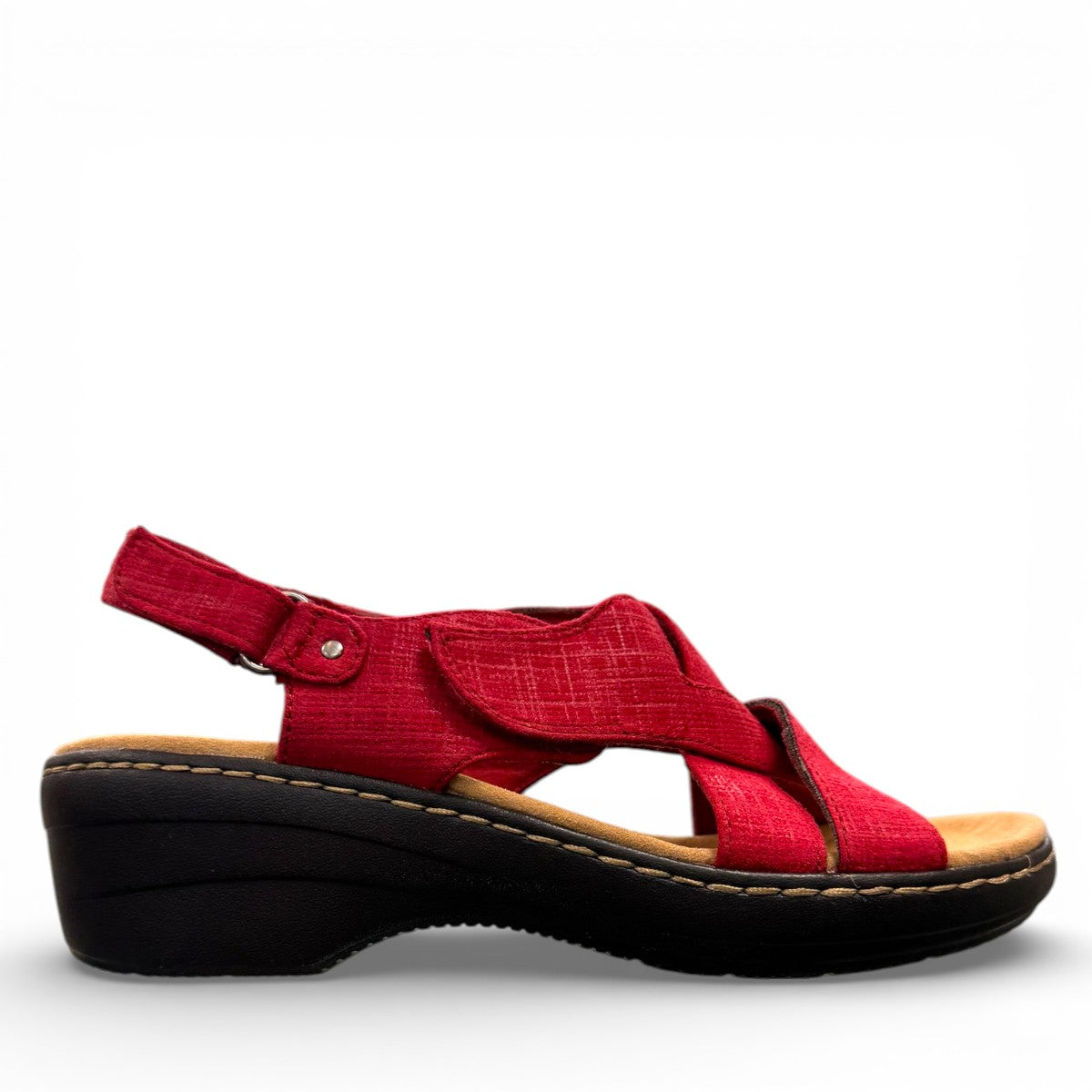 Clarks Merliah Echo red suede wedge sandals with riptape closure and cushioned footbed. right view