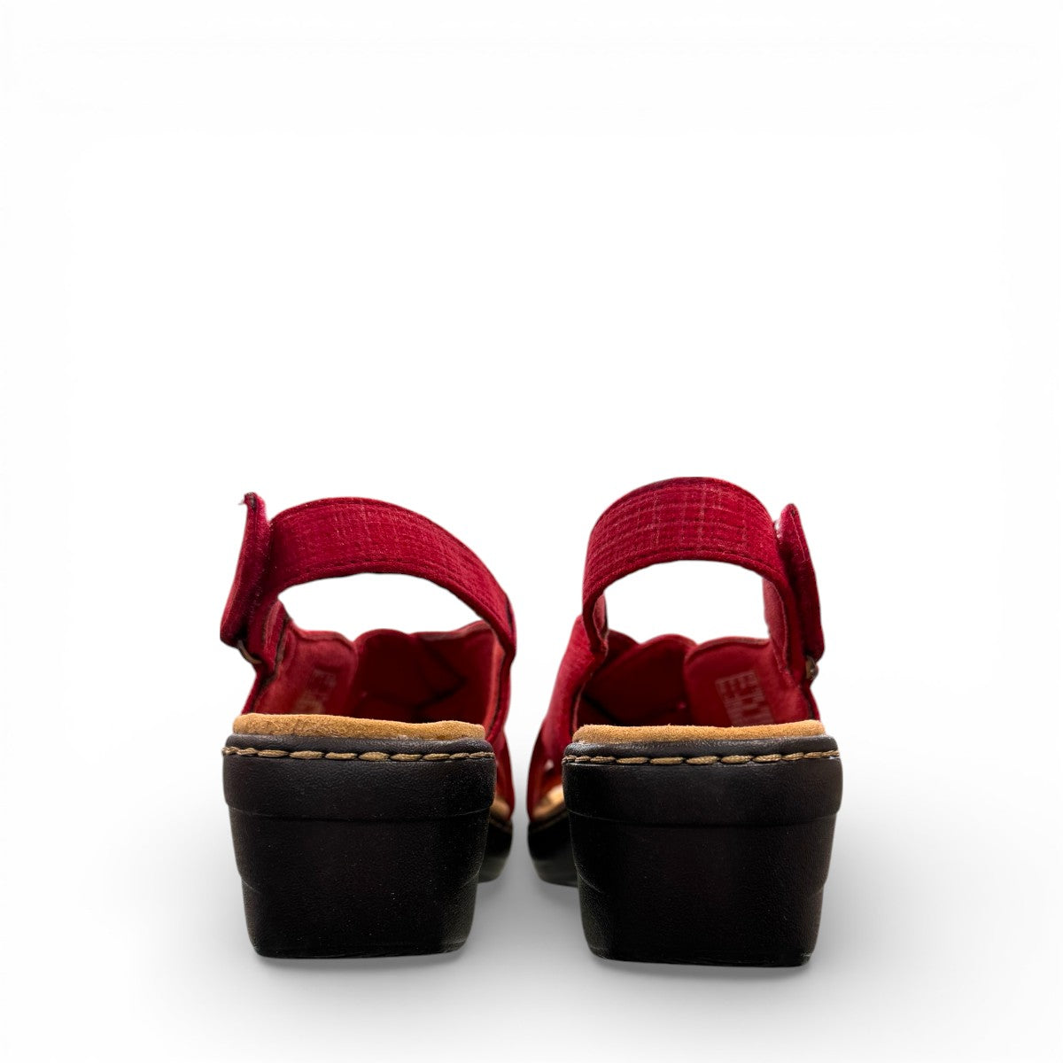 Clarks Merliah Echo red suede wedge sandals with riptape closure and cushioned footbed. back view.