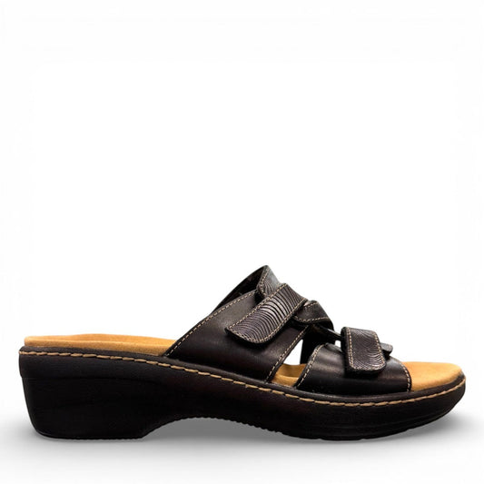 Clarks Merliah Karli black leather sandal with mid-height heel, riptape closure, and comfort footbed. right view.