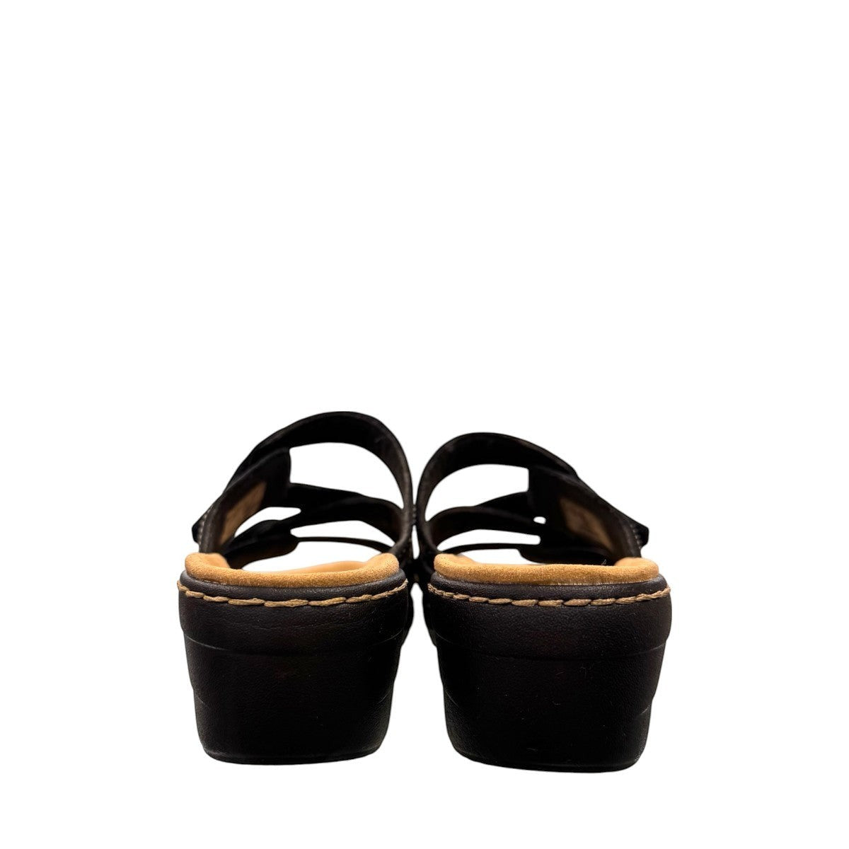 Clarks Merliah Karli black leather sandal with mid-height heel, riptape closure, and comfort footbed. back view.