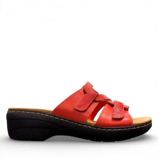 Clarks Merliah Karli bright coral leather sandal with adjustable riptape straps and a comfortable wedge heel. right view.