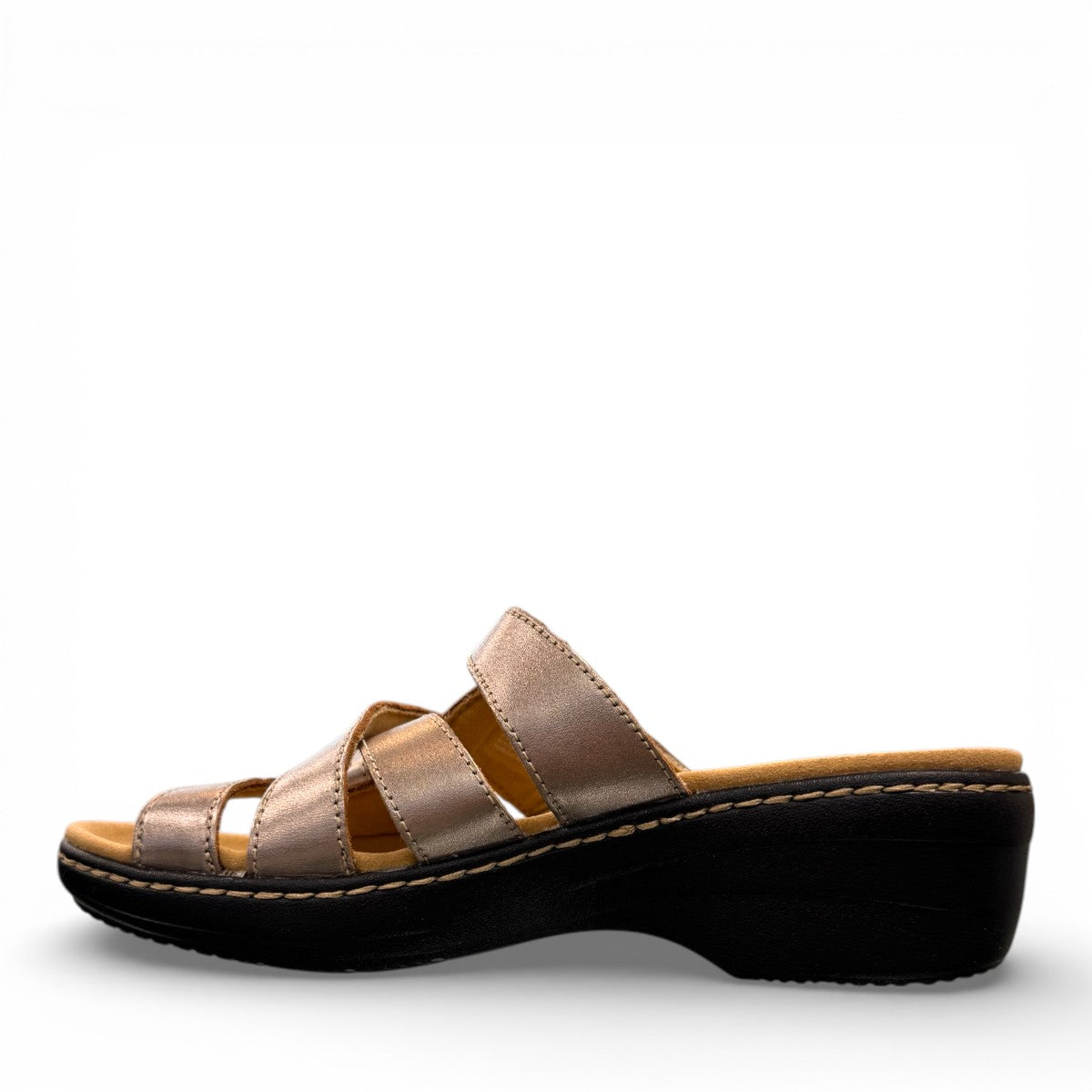Clarks Merliah Karli metallic leather sandal with adjustable riptape straps and a mid-height heel. left view.