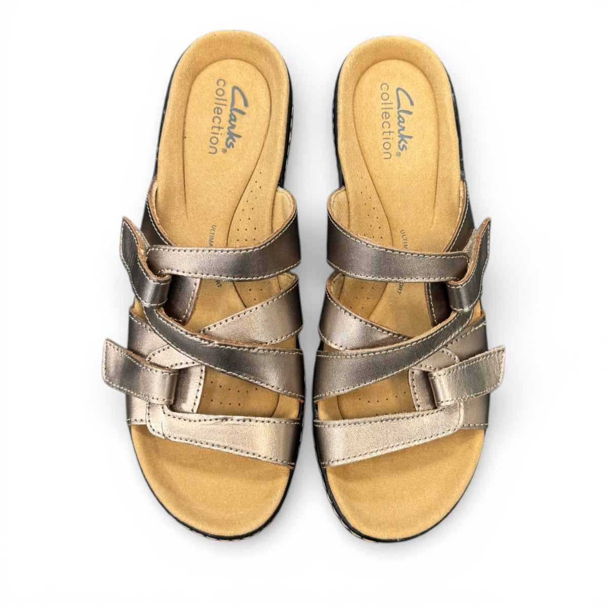 Clarks Merliah Karli metallic leather sandal with adjustable riptape straps and a mid-height heel. top view.