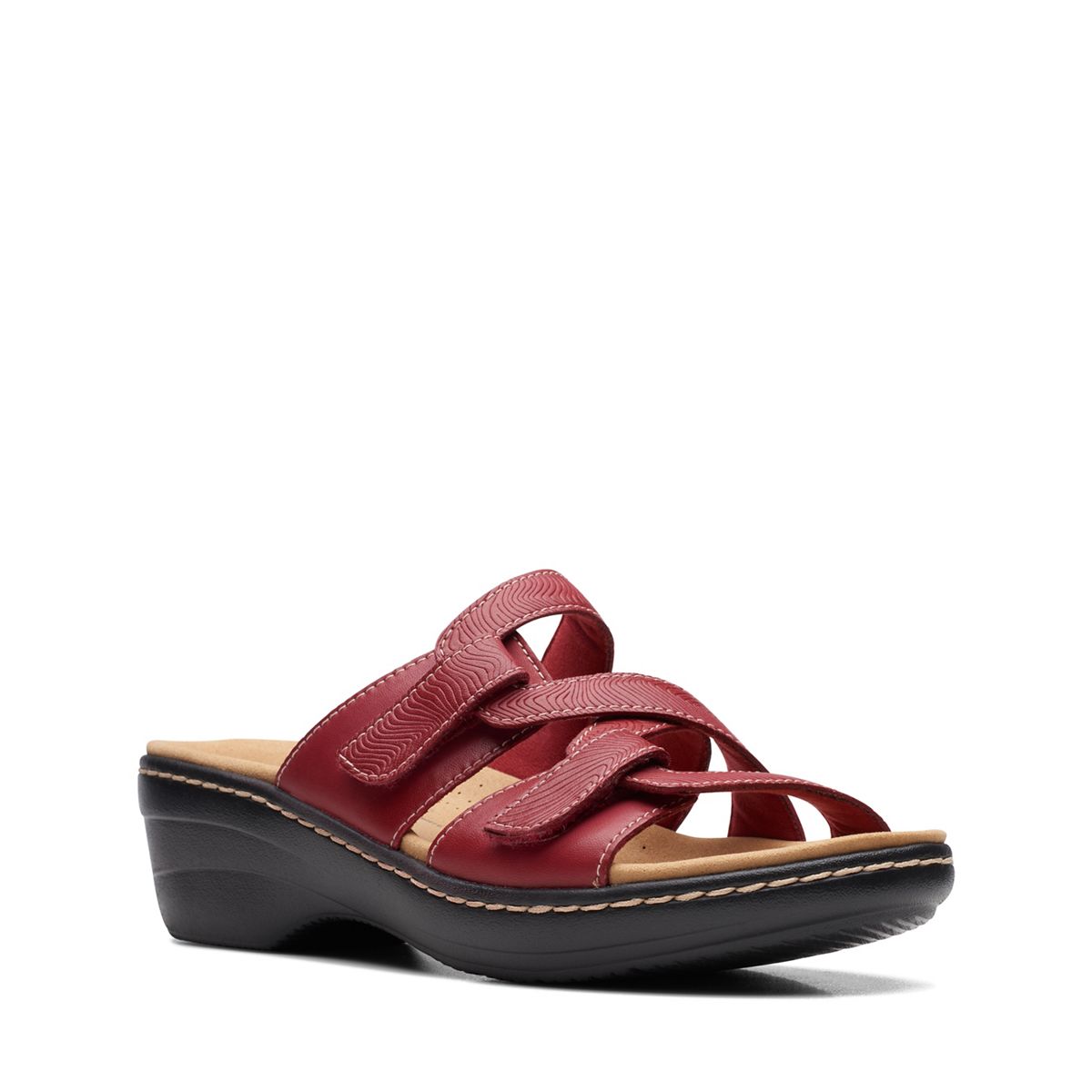 Clarks Merliah Karli red leather sandal with adjustable riptape straps and a comfortable mid-height heel. front view.