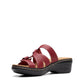 Clarks Merliah Karli red leather sandal with adjustable riptape straps and a comfortable mid-height heel. left view.