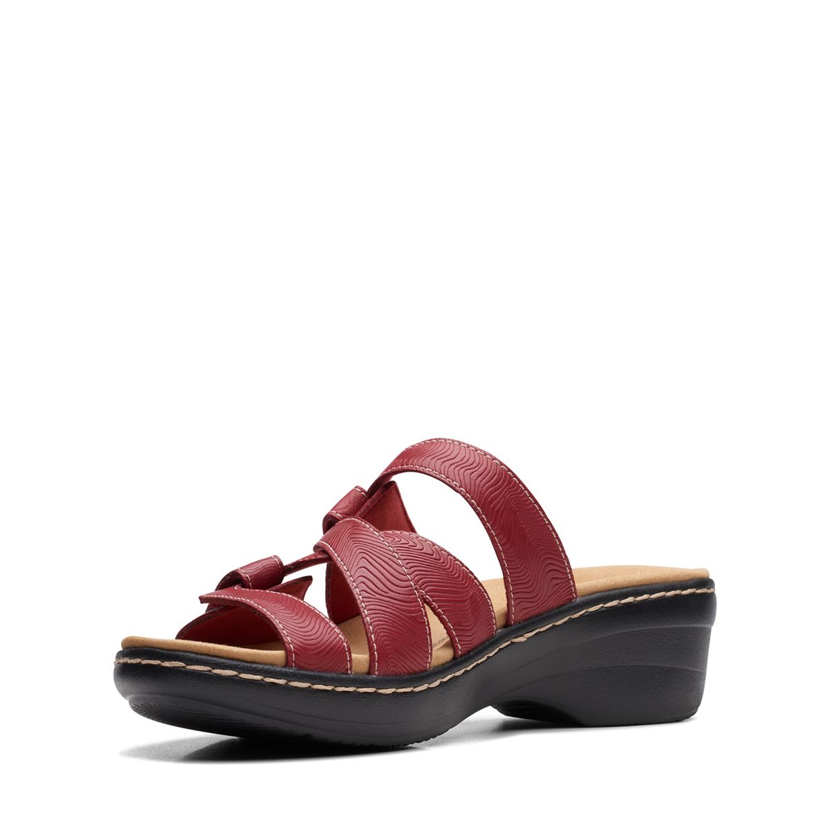 Clarks Merliah Karli red leather sandal with adjustable riptape straps and a comfortable mid-height heel. left view.