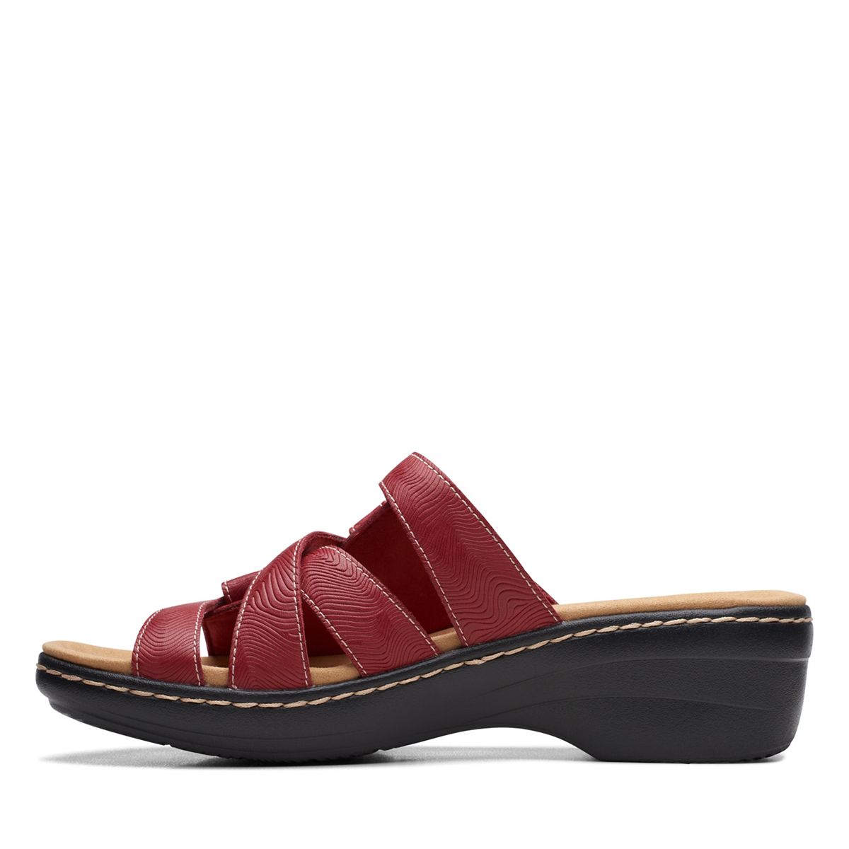 Clarks Merliah Karli red leather sandal with adjustable riptape straps and a comfortable mid-height heel. left view.