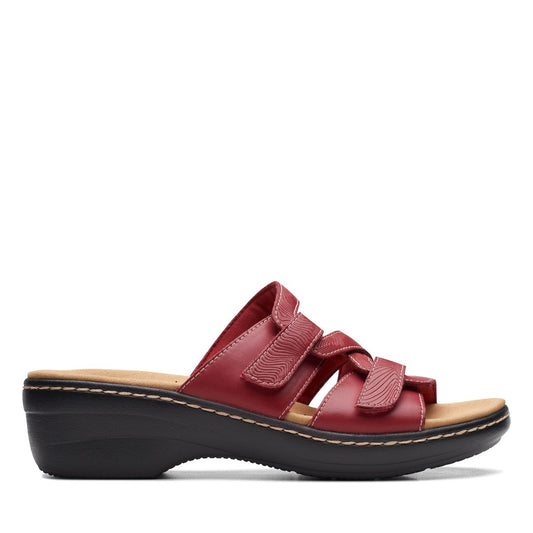Clarks Merliah Karli red leather sandal with adjustable riptape straps and a comfortable mid-height heel. right view.
