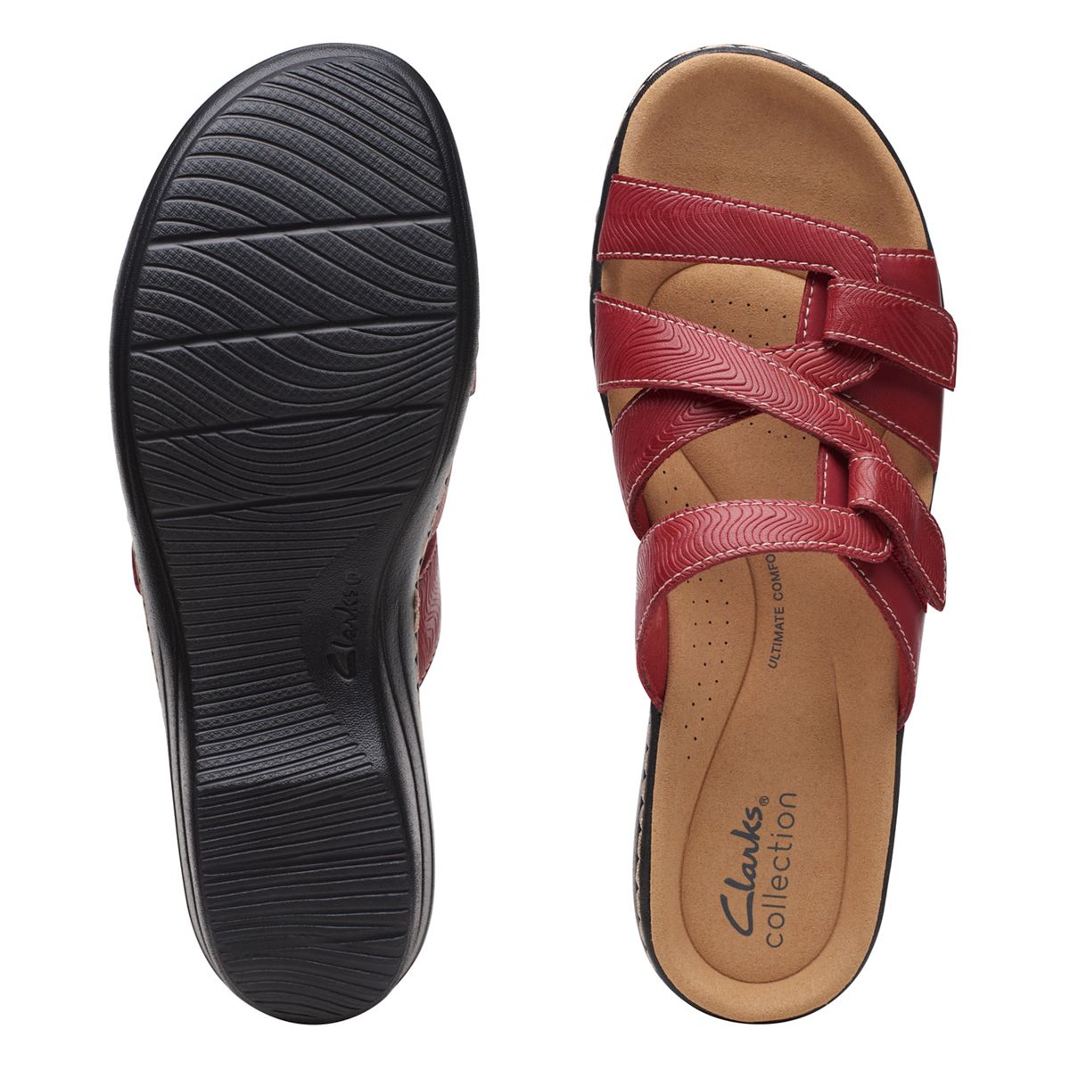 Clarks Merliah Karli red leather sandal with adjustable riptape straps and a comfortable mid-height heel. top view.