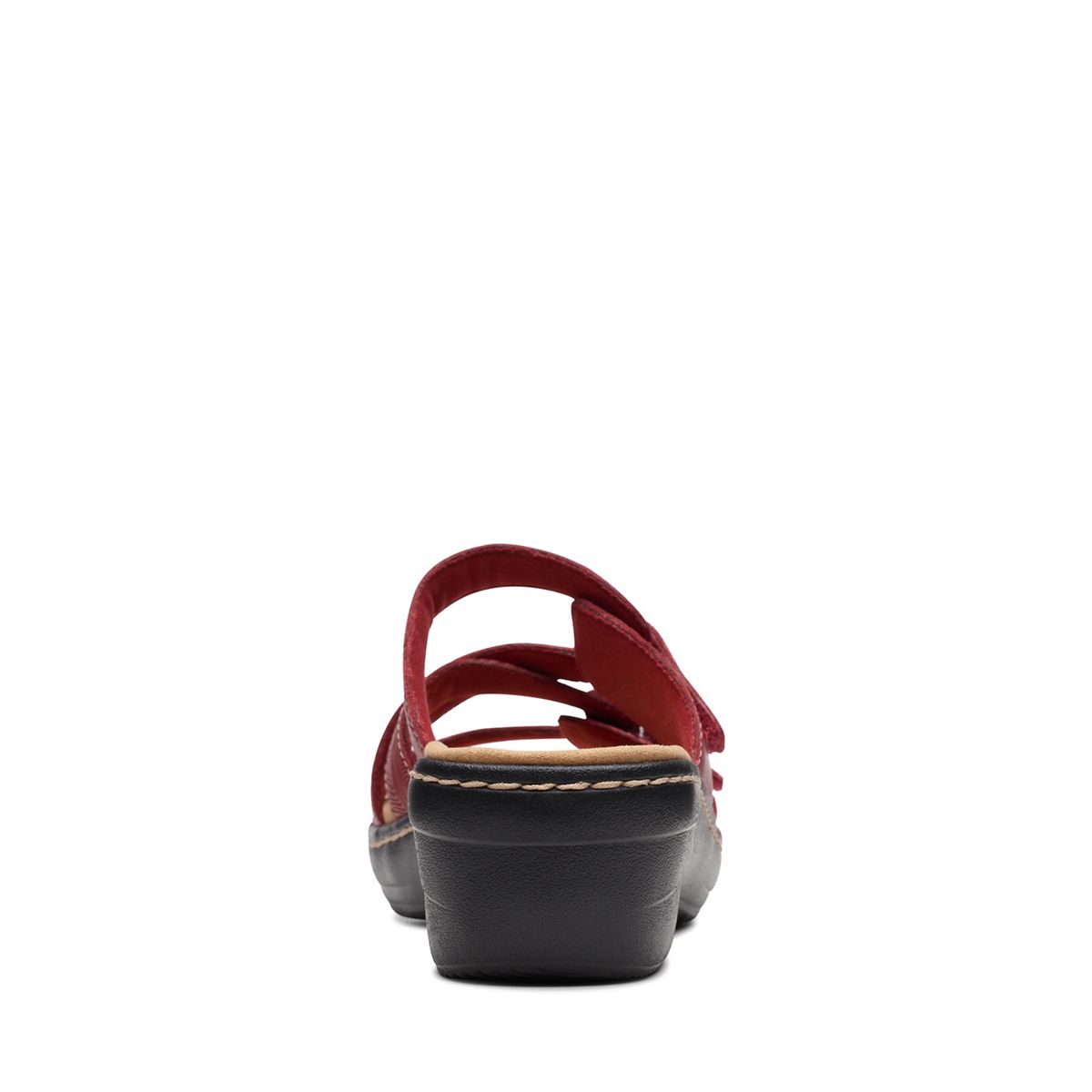 Clarks Merliah Karli red leather sandal with adjustable riptape straps and a comfortable mid-height heel. back view.