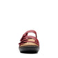 Clarks Merliah Karli red leather sandal with adjustable riptape straps and a comfortable mid-height heel. front view.