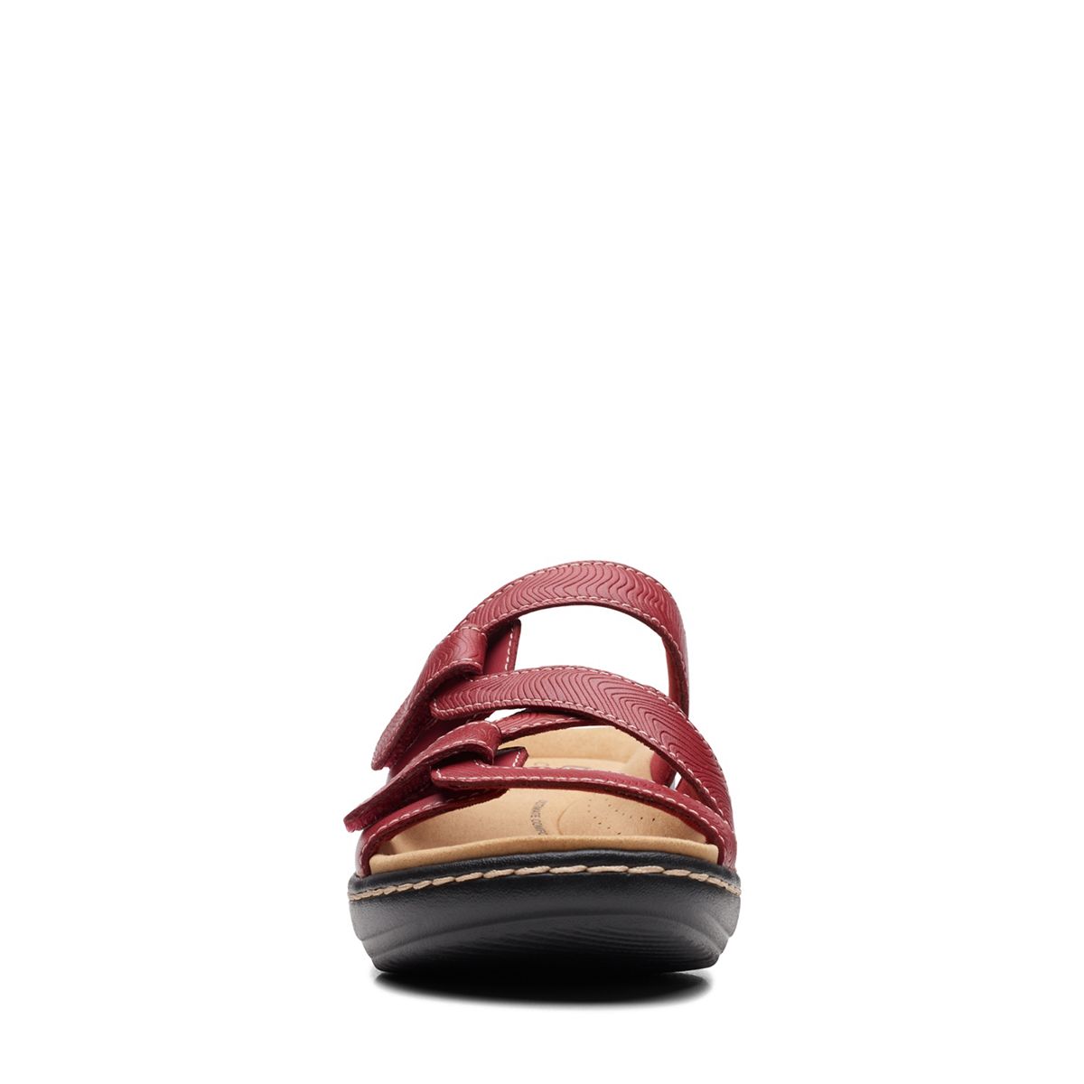Clarks Merliah Karli red leather sandal with adjustable riptape straps and a comfortable mid-height heel. front view.