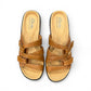 Clarks Merliah Karli tan leather sandal with a mid-height heel, riptape straps, and comfort footbed.
top view.