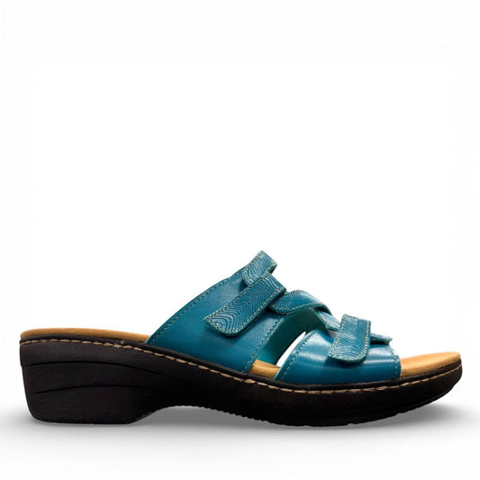 Clarks Merliah Karli turquoise leather sandal with adjustable riptape straps and comfortable footbed. right view.
