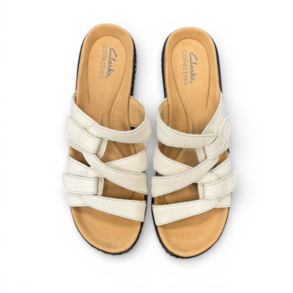 Clarks Merliah Karli white leather sandal with adjustable riptape straps and a comfortable mid-height heel. top view.