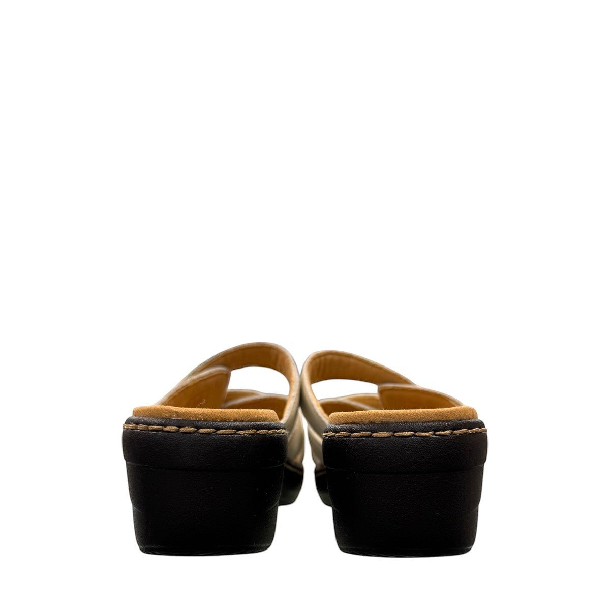 Clarks Merliah Karli white leather sandal with adjustable riptape straps and a comfortable mid-height heel. back view.