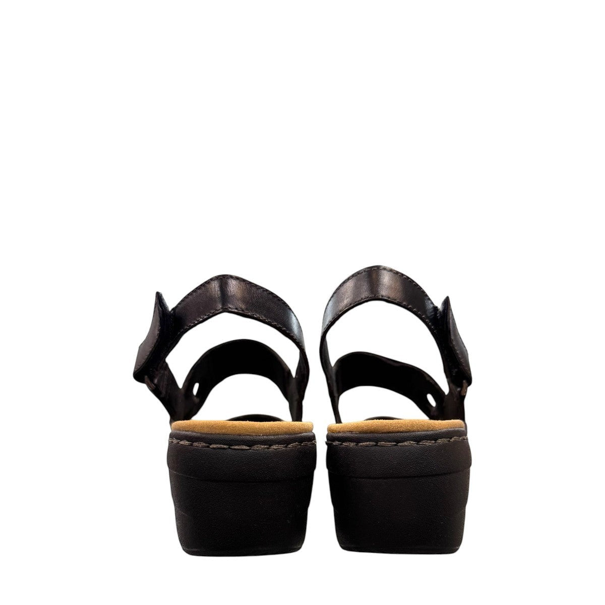 Clarks Merliah Opal black leather wedge sandals with adjustable straps and perforated detailing. back view.
