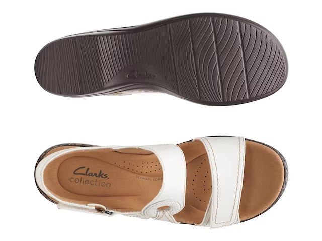 Clarks Merliah Opal white leather wedge sandals with adjustable straps and cushioned insole. top view.