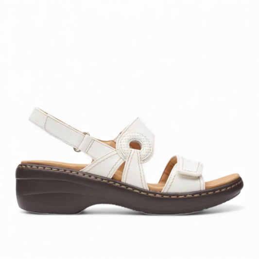 Clarks Merliah Opal white leather wedge sandals with adjustable straps and cushioned insole. right view.