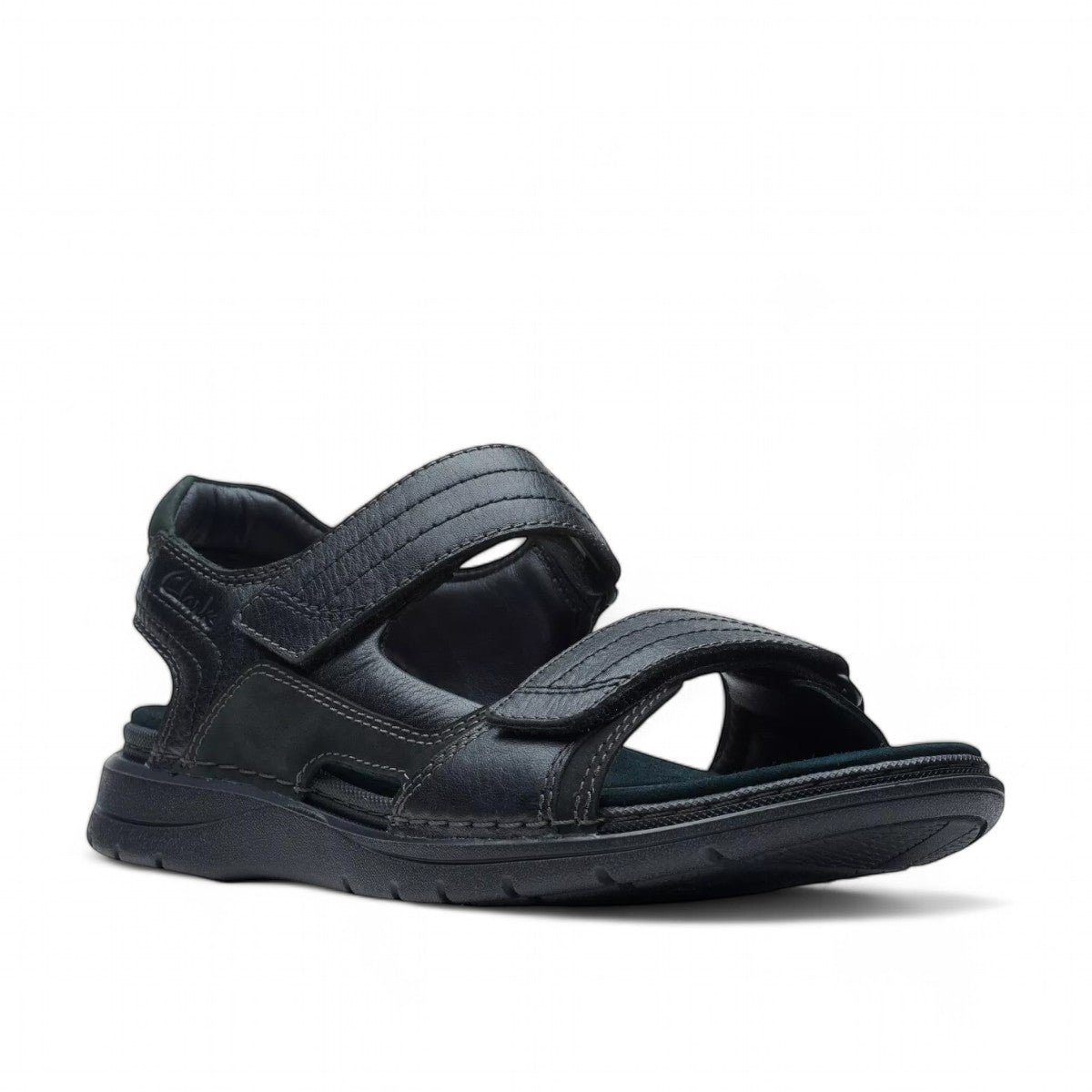 Clarks Nature Trek black nubuck leather sandal with adjustable hook and loop straps and rubber sole.
Photo of the front.