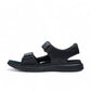 Clarks Nature Trek black nubuck leather sandal with adjustable hook and loop straps and rubber sole.
Photo of the left side.