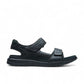 Clarks Nature Trek black nubuck leather sandal with adjustable hook and loop straps and rubber sole.
Photo of the right side.