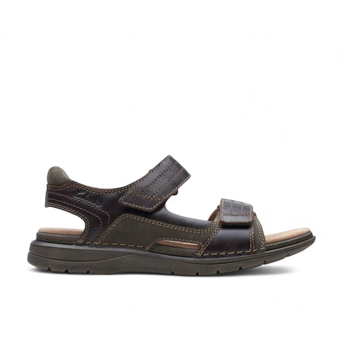 Clarks Nature Trek mahogany leather sandals with adjustable hook and loop straps and ergonomic sole.
photo of the right side.