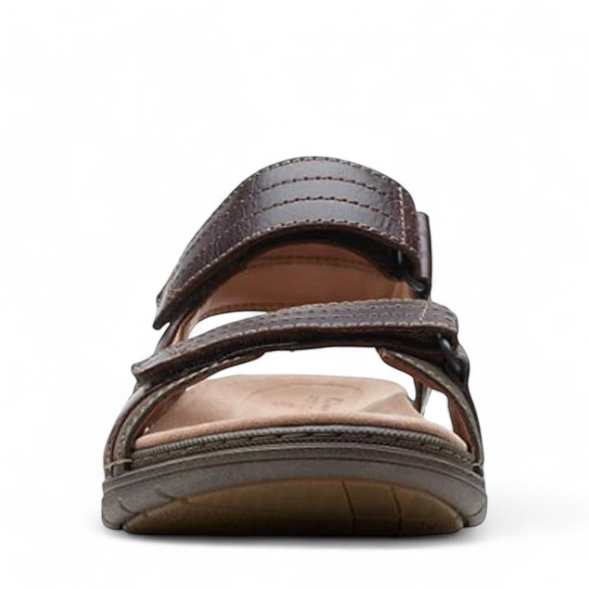 Clarks Nature Trek mahogany leather sandals with adjustable hook and loop straps and ergonomic sole.
photo of the front.