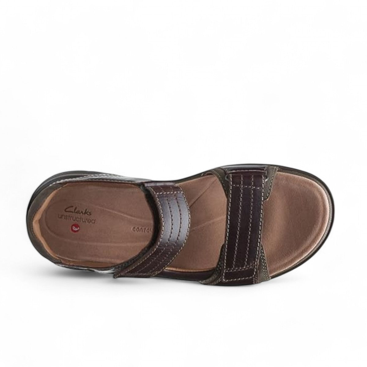 Clarks Nature Trek mahogany leather sandals with adjustable hook and loop straps and ergonomic sole.
photo of the top.