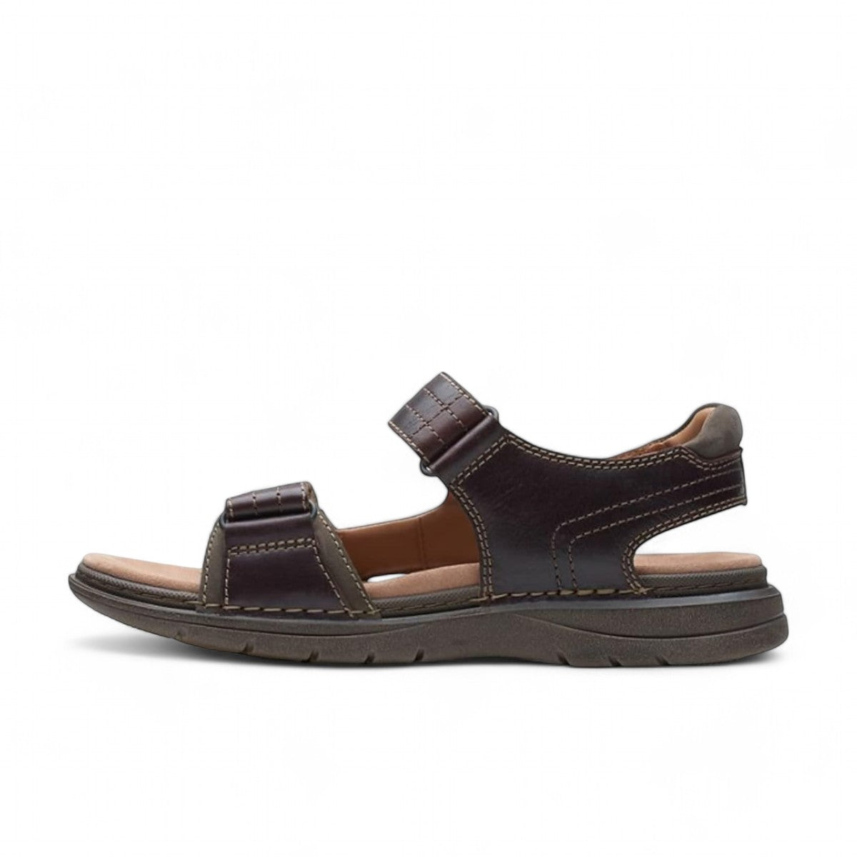 Clarks Nature Trek mahogany leather sandals with adjustable hook and loop straps and ergonomic sole.
photo of the left side.