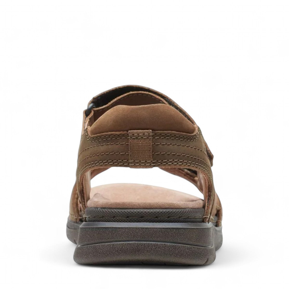 Clarks Nature Trek tan combi nubuck leather sandal with adjustable hook and loop straps.
photo of the back.