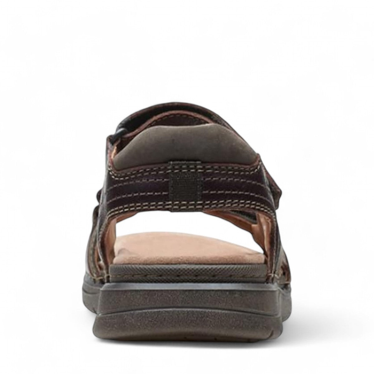 Clarks Nature Trek mahogany leather sandals with adjustable hook and loop straps and ergonomic sole.
photo of the back.