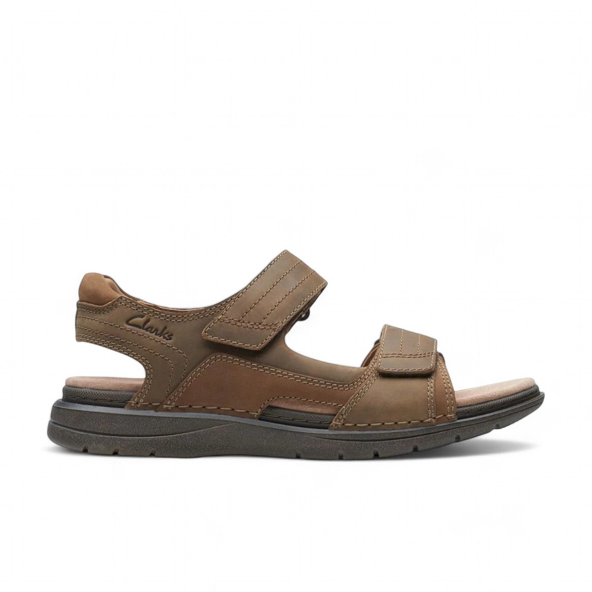 Clarks Nature Trek tan combi nubuck leather sandal with adjustable hook and loop straps.
photo of the right side.