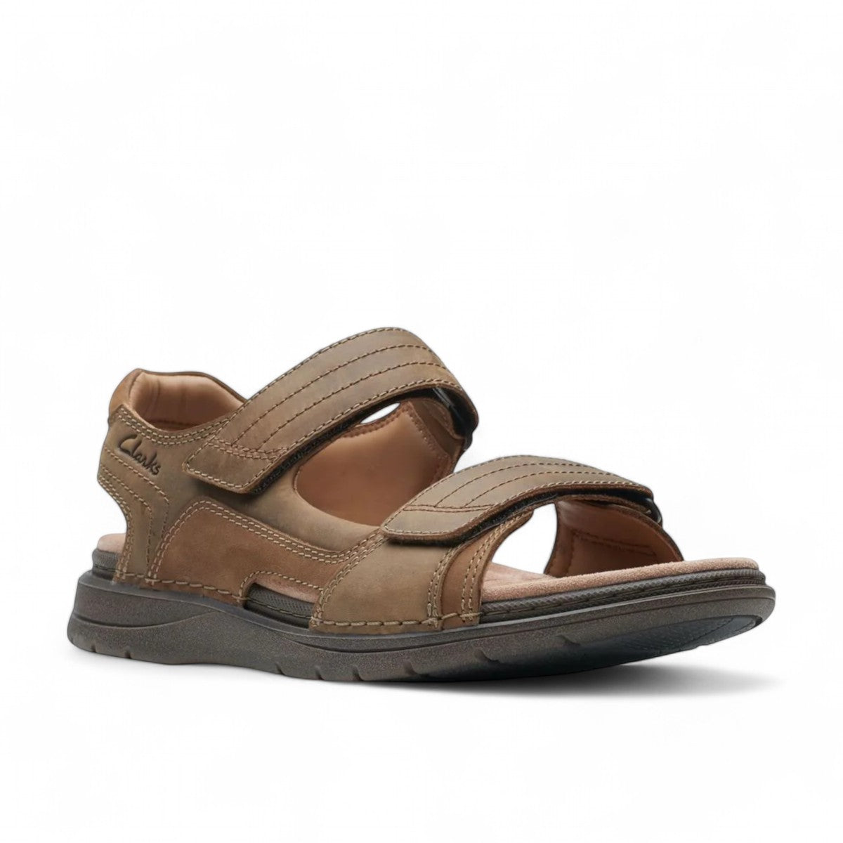 Clarks Nature Trek tan combi nubuck leather sandal with adjustable hook and loop straps.
photo of the right side.