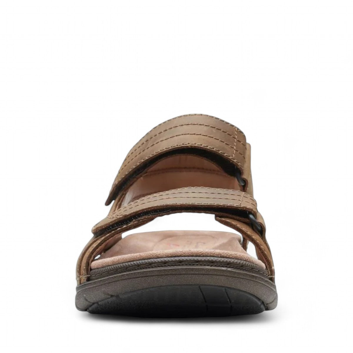 Clarks Nature Trek tan combi nubuck leather sandal with adjustable hook and loop straps.
photo of the front.
