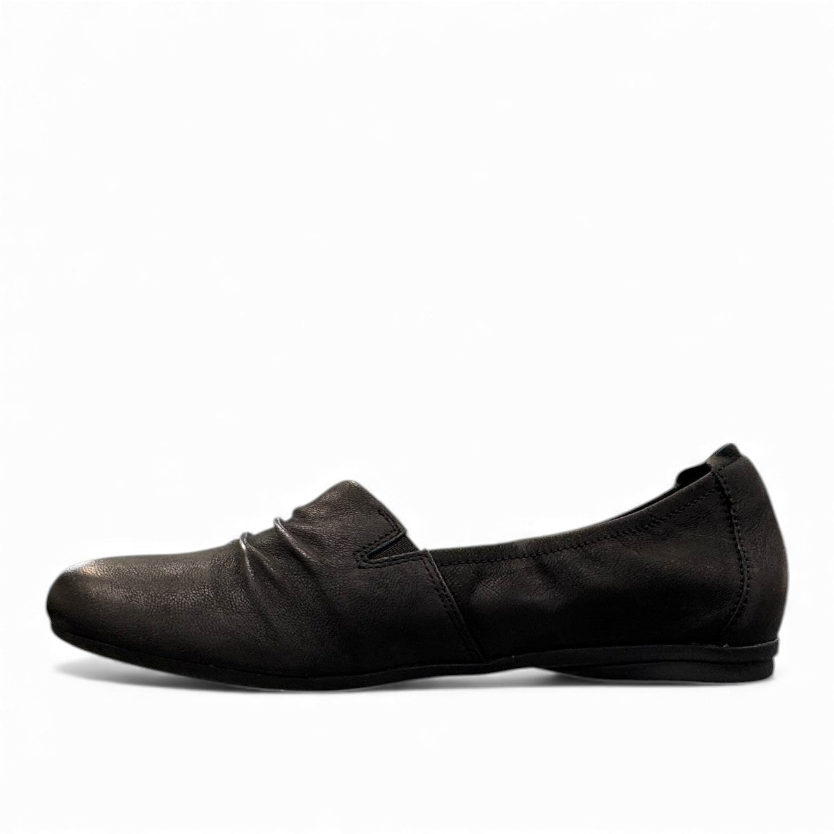 Clarks Rena Way black leather slip-on flat with elasticized topline and flexible rubber sole. left view.
