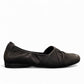Clarks Rena Way black leather slip-on flat with elasticized topline and flexible rubber sole. right view.