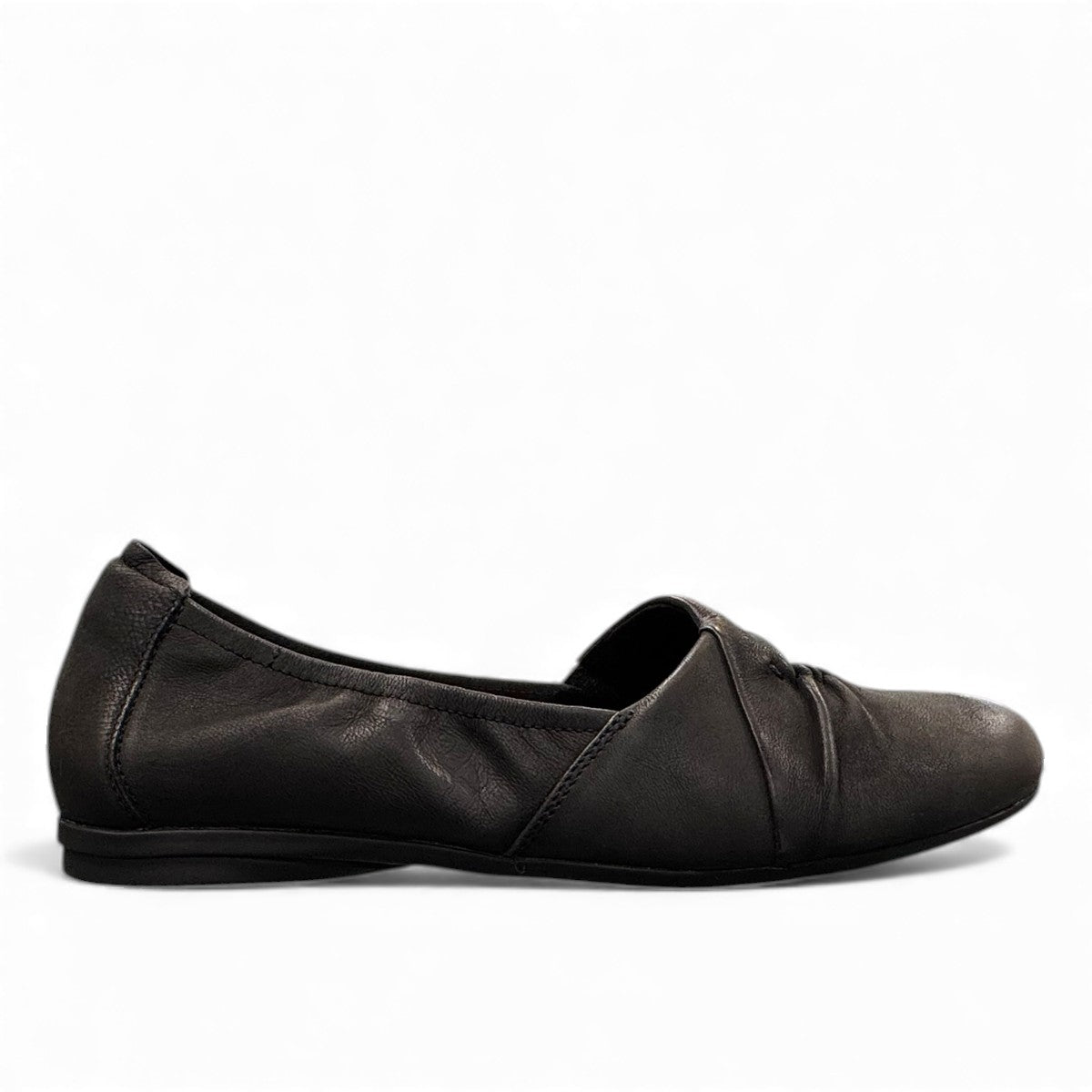 Clarks Rena Way black leather slip-on flat with elasticized topline and flexible rubber sole. right view.