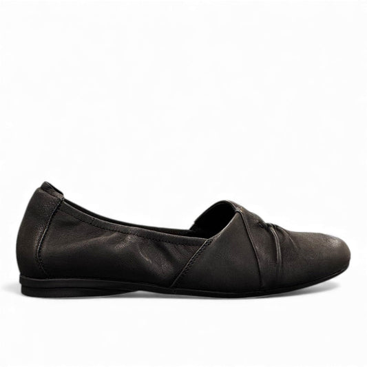 Clarks Rena Way black leather slip-on flat with elasticized topline and flexible rubber sole. right view.