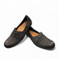 Clarks Rena Way black leather slip-on flat with elasticized topline and flexible rubber sole. front view.