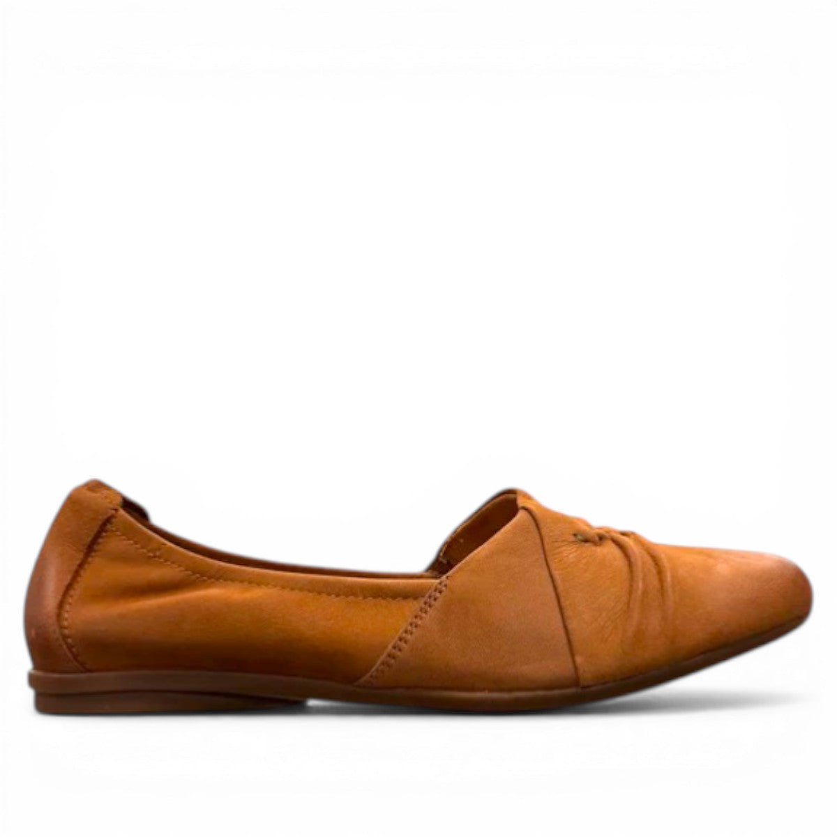 Clarks Rena Way tan leather slip-on flat with elasticized topline and comfortable cushioned footbed. right view.
