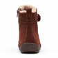 Clarks Roseville mahogany suede ankle boot with faux fur lining, adjustable strap, and textured sole. 
photo of the back.