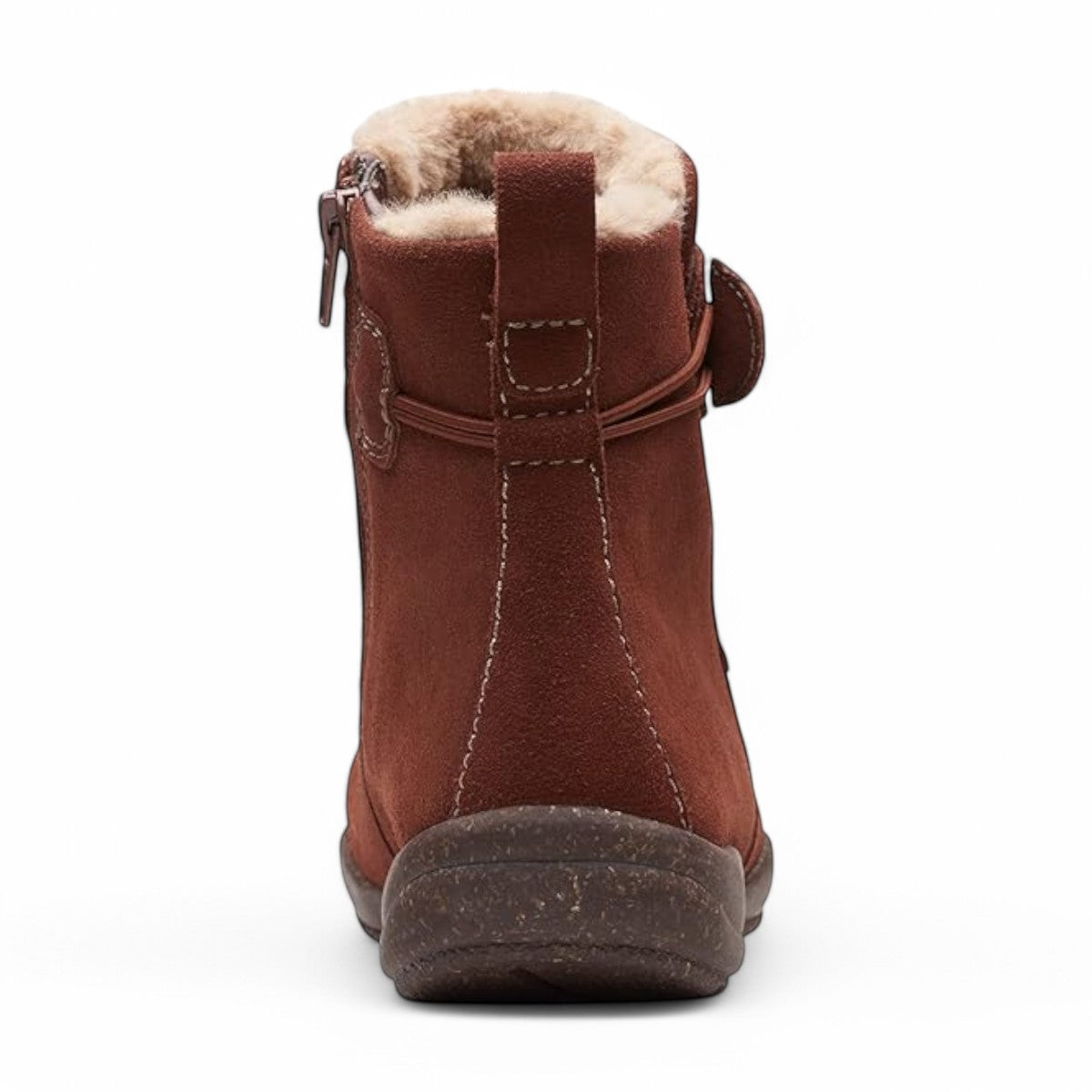 Clarks Roseville mahogany suede ankle boot with faux fur lining, adjustable strap, and textured sole. 
photo of the back.