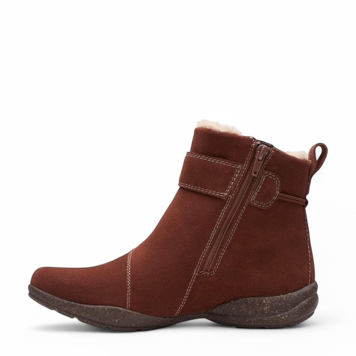 Clarks Roseville mahogany suede ankle boot with faux fur lining, adjustable strap, and textured sole. 
photo of the left.