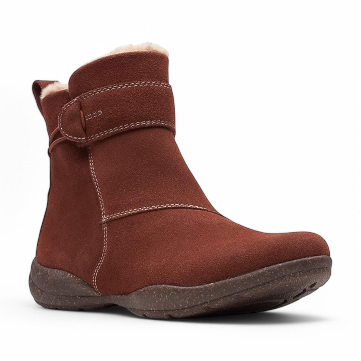 Clarks Roseville mahogany suede ankle boot with faux fur lining, adjustable strap, and textured sole. 
photo of the front.