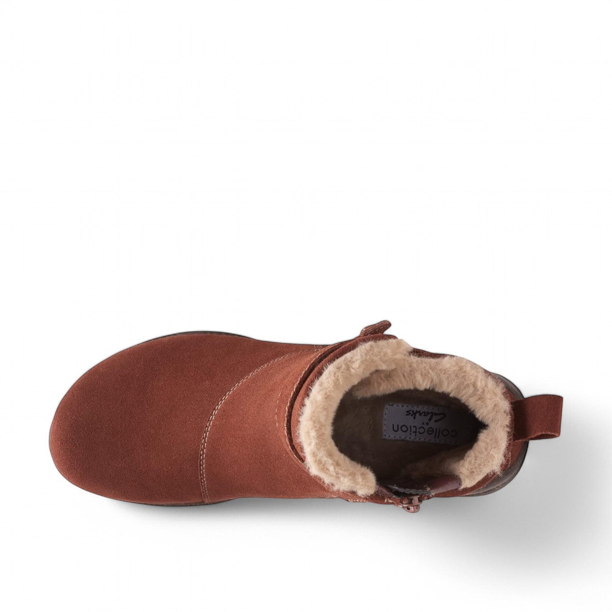 Clarks Roseville mahogany suede ankle boot with faux fur lining, adjustable strap, and textured sole. 
photo of the top.