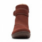 Clarks Roseville mahogany suede ankle boot with faux fur lining, adjustable strap, and textured sole. 
photo of the front.