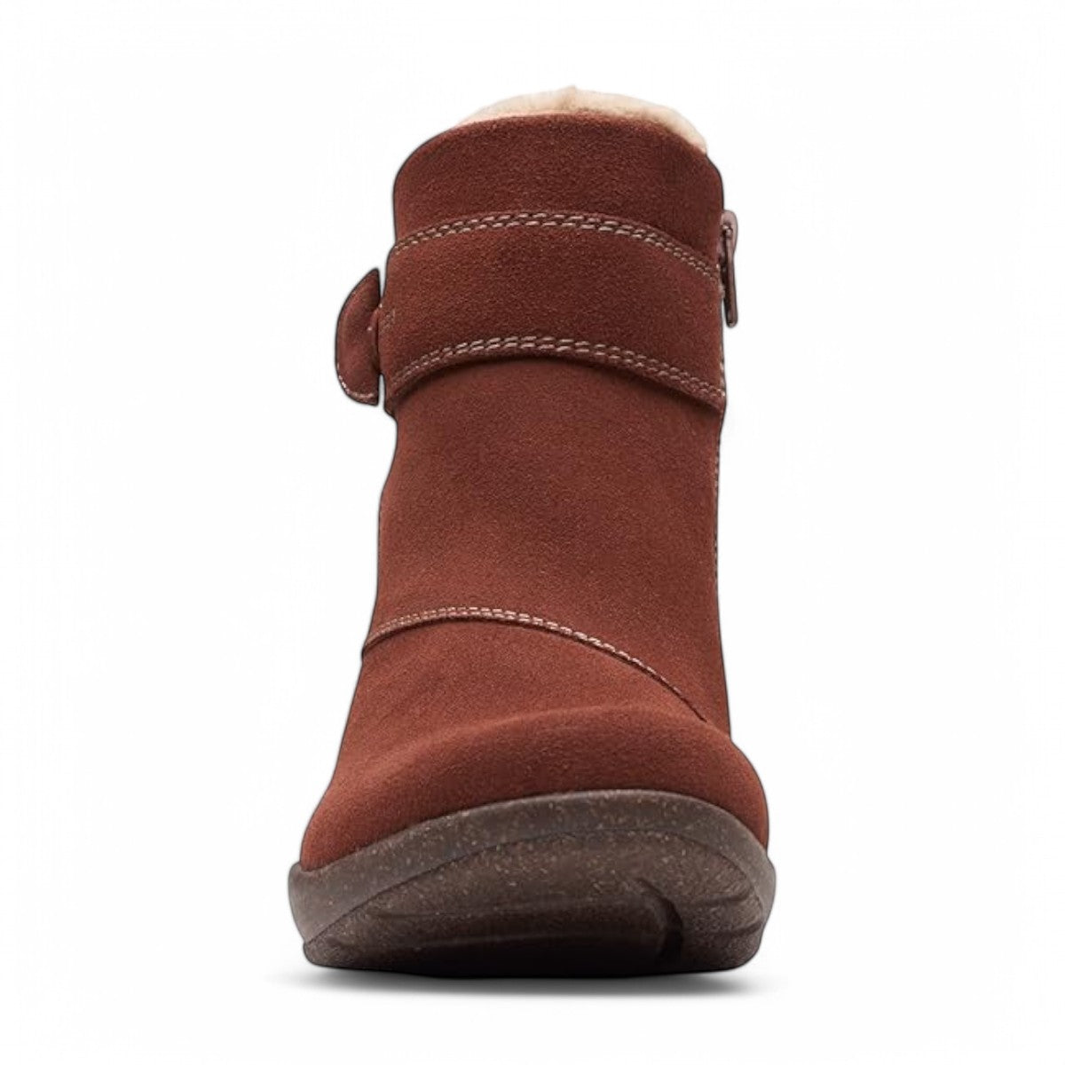 Clarks Roseville mahogany suede ankle boot with faux fur lining, adjustable strap, and textured sole. 
photo of the front.